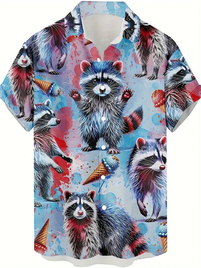 Men's Fashion 3D Printed 2025 Casual Hawaiian Shirts Funny Monkey Giraffe Cat Graphic Blouses Short Sleeve Button Shirt Tops