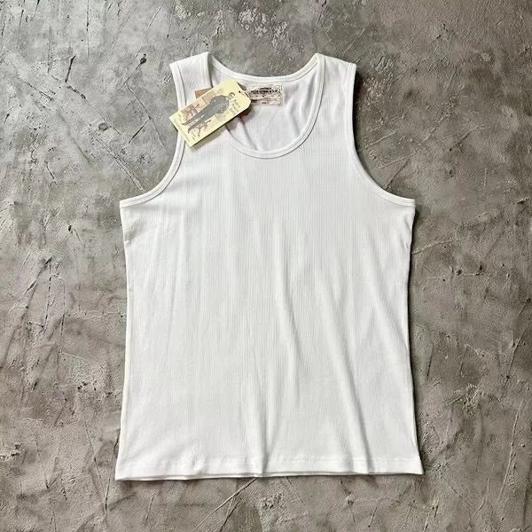 Retro Ribbed Knitted Pure Cotton Fitness Tank Top Men's Summer Tight Fit Elastic Sportswear White Base Layer Vest Sweat Absor...