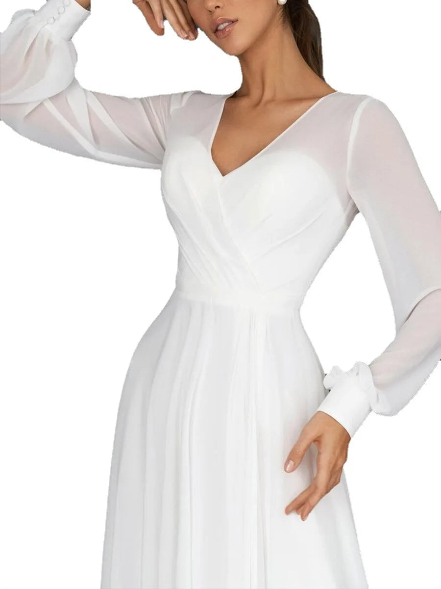 Long Dress Women Wedding V Neck Sexy Full Sleeve High Waist Solid A Line Mid Length Dresses Simple Elegant Gown Vestidos