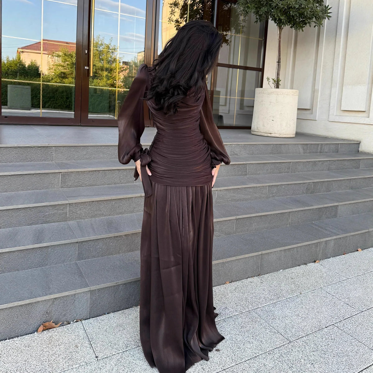 Women's Fashion Draped Design Solid Long Dress 2026 Casual Commute Waist Party Dresses Elegant O-neck Long Sleeve Evening Dress