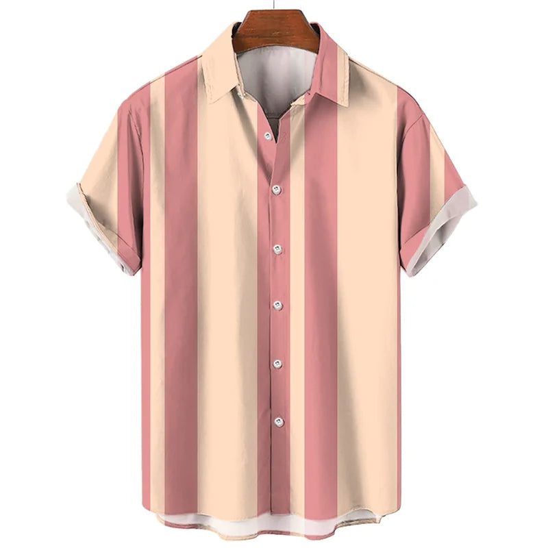 Mens Hawaiian 3d Stripe Print Shirt Harajuku Summer Fashion Short Sleeves Casual Beach Vacation Button Loose Aloha Shirts