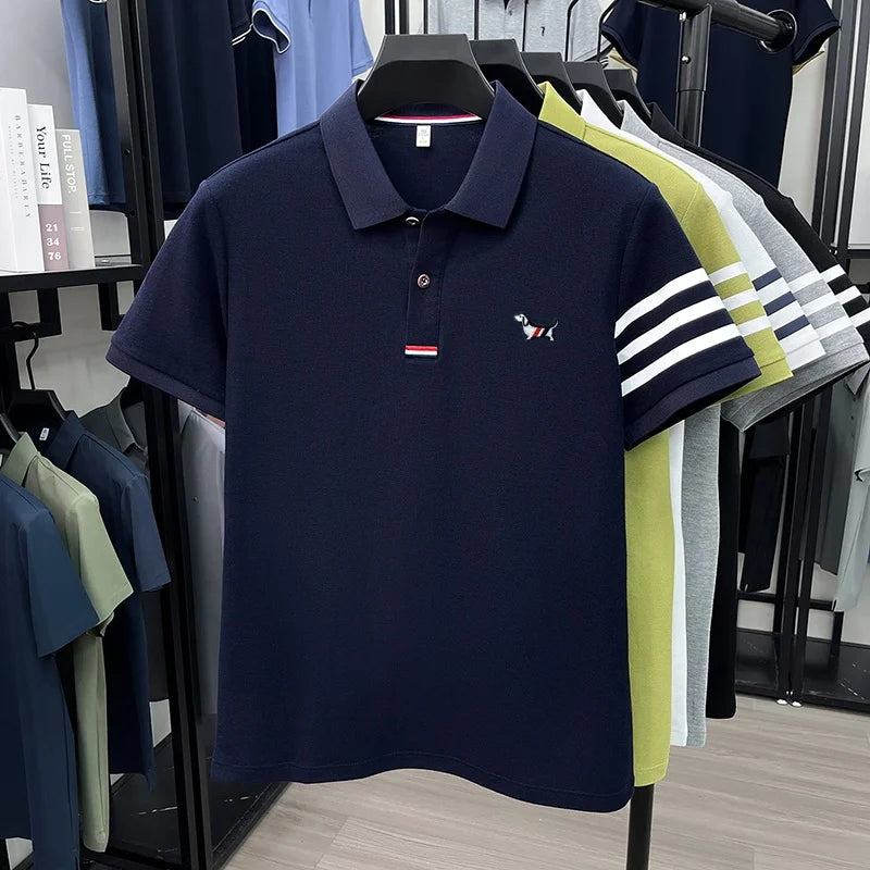 100% Cotton Summer Men's Short-Sleeved Polo Shirt Lapel Button Striped Print Business Casual Golf High-Quality Men's Clothing