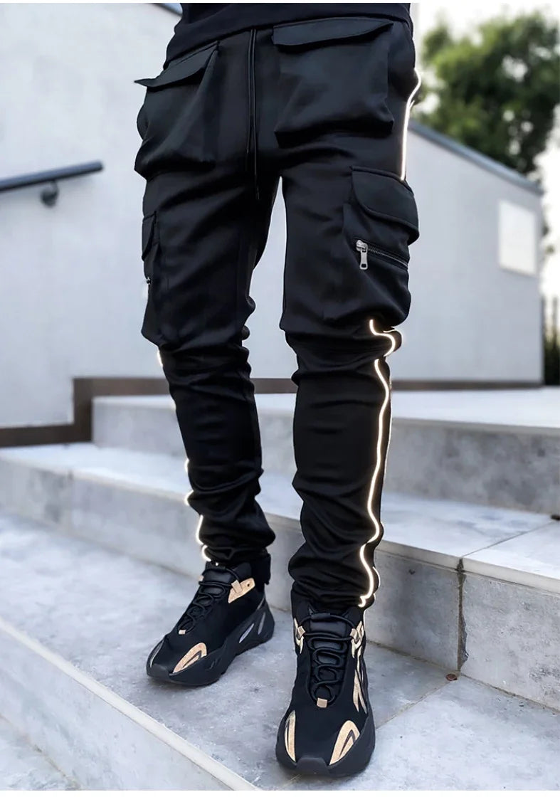 Summer Men's Jogging Sports Pants Multi-Pocket Sweatpants Running Trousers Men's Casual Joggers Cargo Reflective Hip Pop Pants
