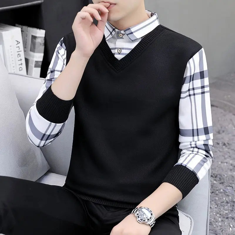 Fashionable Knitted Slim Fit Long Sleeve Shirt Collar Sweater for Men Autumn Outerwear Casual Style Polyester Fiber Youth Fas...