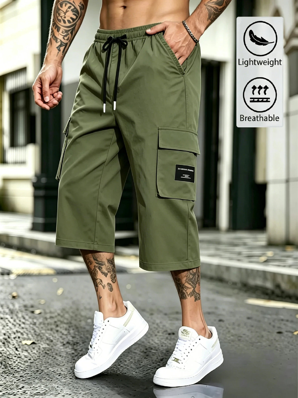 Men's Streetwear Cargo Capri Pants, Drawstring Elastic Waist, 3D Cargo Pockets with Patch, Lightweight Breathable Summer Bottoms