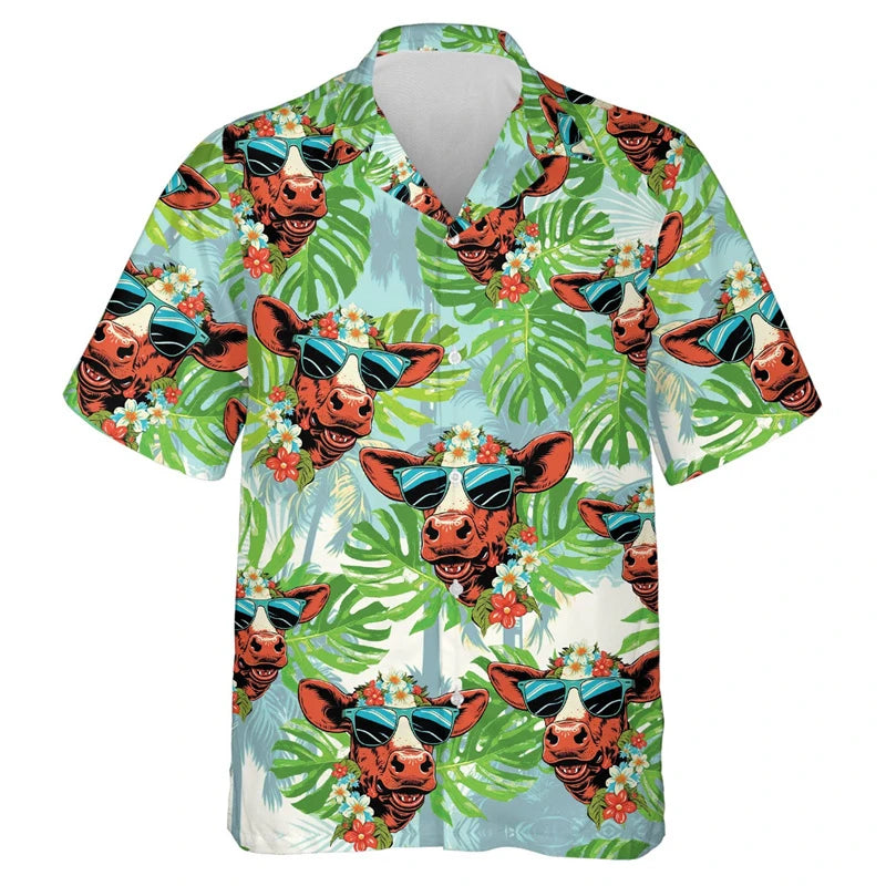 Funny Cool Cow Shirts Men's Clothing Lapel Button Shirt Hawaiian 3D Printed Casual Fashion Personality Pattern Trendy Blouse