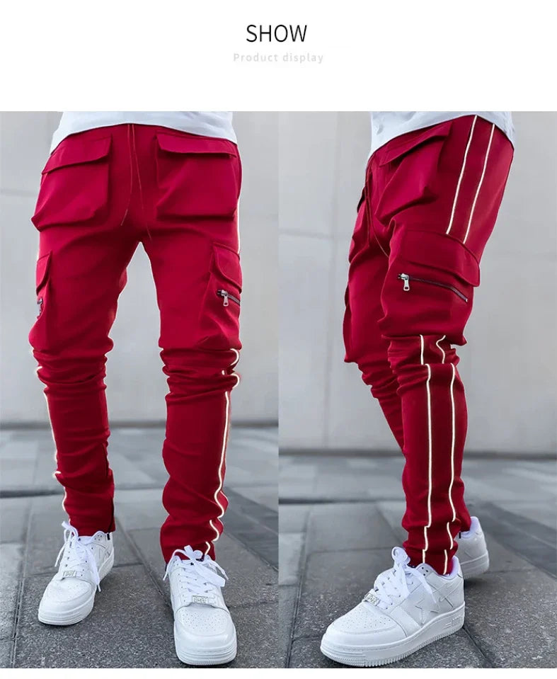 Summer Men's Jogging Sports Pants Multi-Pocket Sweatpants Running Trousers Men's Casual Joggers Cargo Reflective Hip Pop Pants
