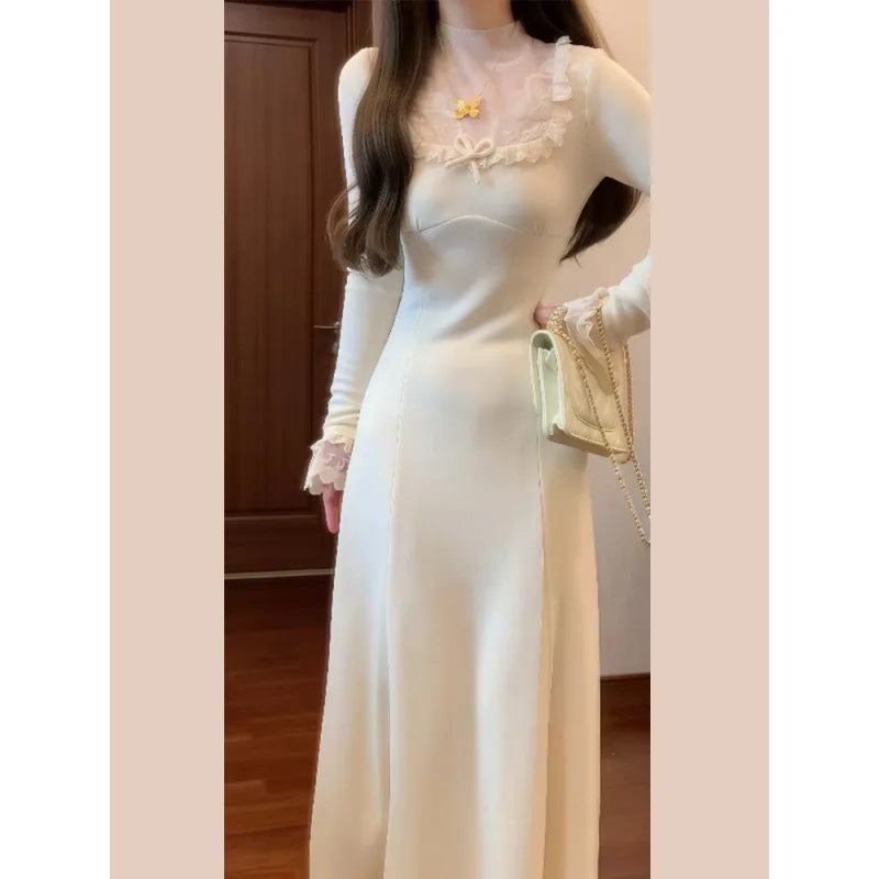 White Knitted Dress for Women, Autumn and Winter 2025 New Style, Long Dress for Layering with A Coat