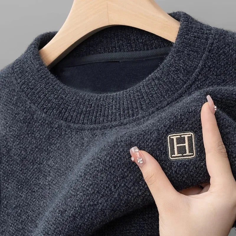 Lightweight Fleece Lined Thickened Sweater Men's Long Sleeve Knit Pullover Sweater Autumn Winter Thermal Warm Classic Sweater