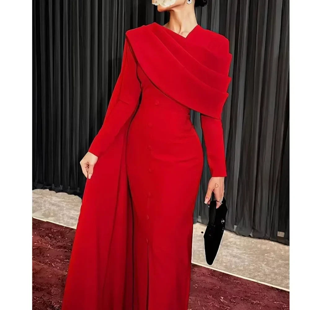 Customized Elegant Red Womens Dresses Long Sleeves Pleated Straight Ankle Length Wedding Party Dresses Formal Ocn Dress