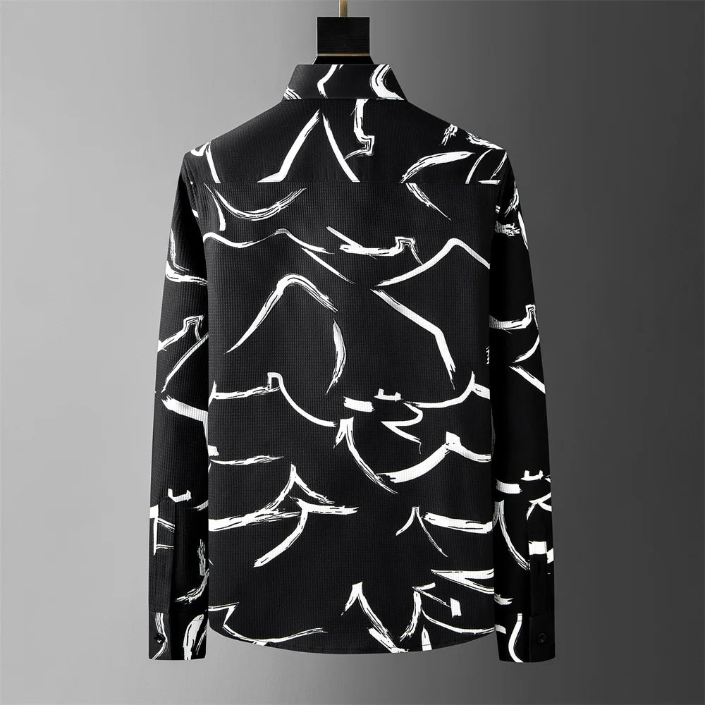 British Style Printed Men's Shirt Long Sleeve Loose Casual Shirts Men Clothing 2025 Summer Business Social Party Tuxedo Blouse