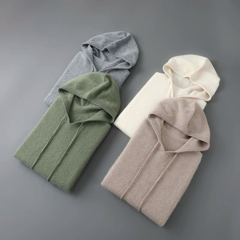DjzDsm Autumn Winter Men's Sweater 100% Merino Wool Thick Hooded Pullover Soft Knitwear Casual Comfort Wool Clothing Tops