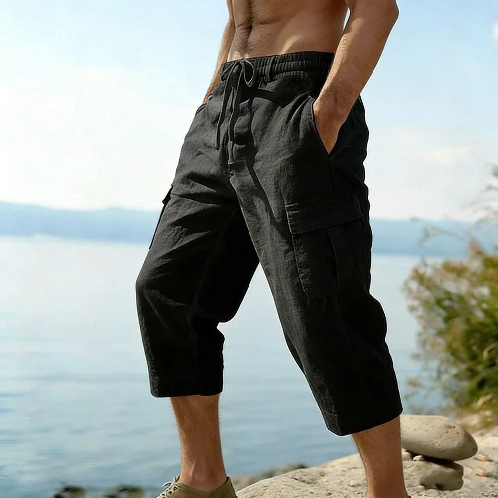 Men Summer Cotton Linen Shorts Retro Multi Pocket Loose Casual Shorts Thin Breathable Outdoor Fishing Travel Beach Short Pants