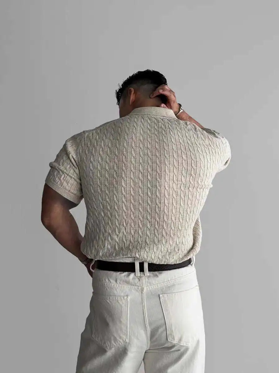 American Style Hard Man Knitted  Shirt Muscle Men Slim Fit Elastic Short Sleeve Turn-down Collar Sweatshirt Tight Sleeve ...