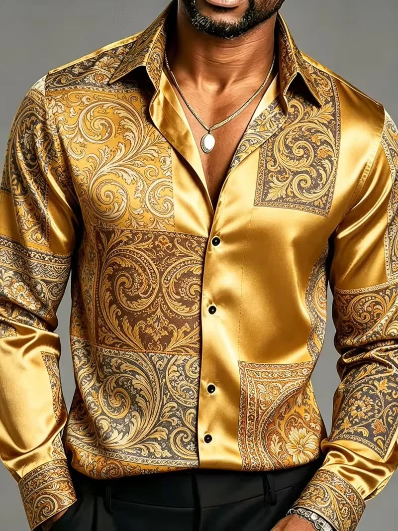 Satin Silk Long Sleeve Baroque Floral Printed Men Dress Shirts Slim Fit Party Nightclub Casual Formal Tops