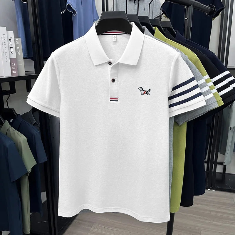 100% Cotton Summer Men's Short-Sleeved Polo Shirt Lapel Button Striped Print Business Casual Golf High-Quality Men's Clothing