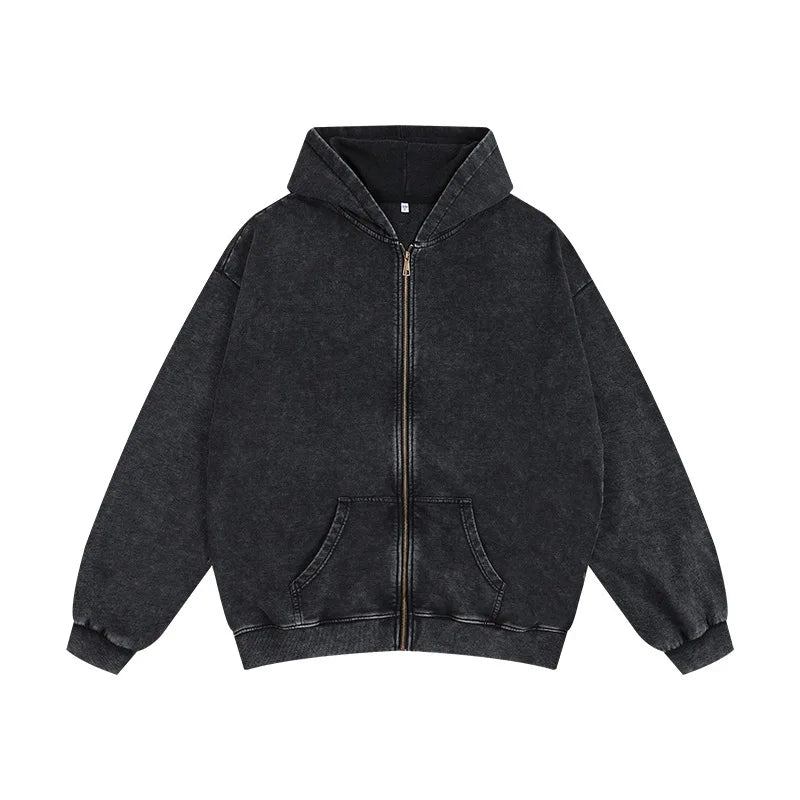 DIY Custom LOGO Cotton Washed Hoodie Zipper Sweatshirt Pants Tracksuit Men Women Retro Loose Distressed HipHop Oversized Big