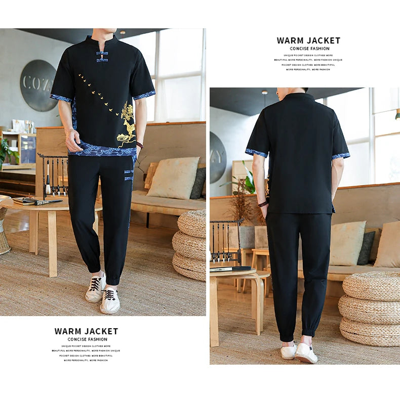 Shirts + Pants summer Cotton linen shorts sleeve shirts Men's Casual Sets Male Fashion trousers and shirts men size M-4XL TZ020