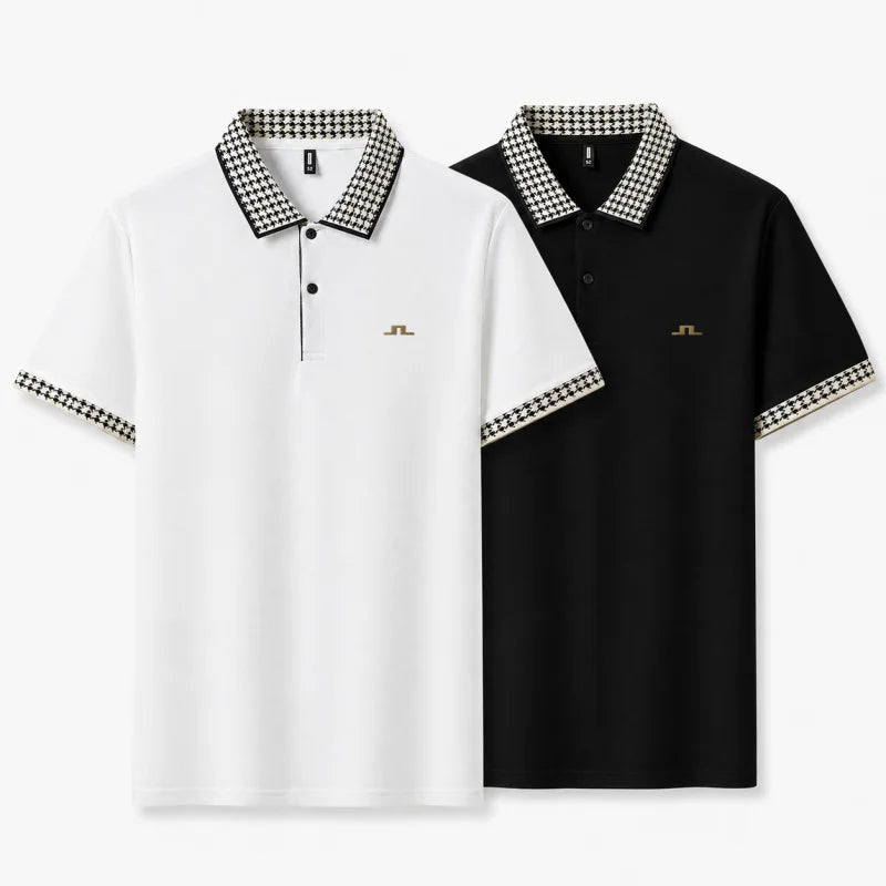 Men Contrast Collar Polo Shirt Short Sleeve Houndstooth Trim Casual Summer Top Breathable Pique Tee Regular Fit Fashion Shirt