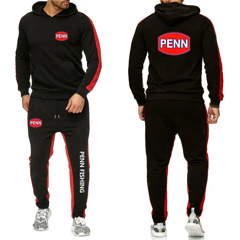 2024 Men's New Penn Fishing Reel Spring and Autumn Solid Color Sweatshirt Set Casual Long-sleeved Hoodies Pants Two Piece Suit