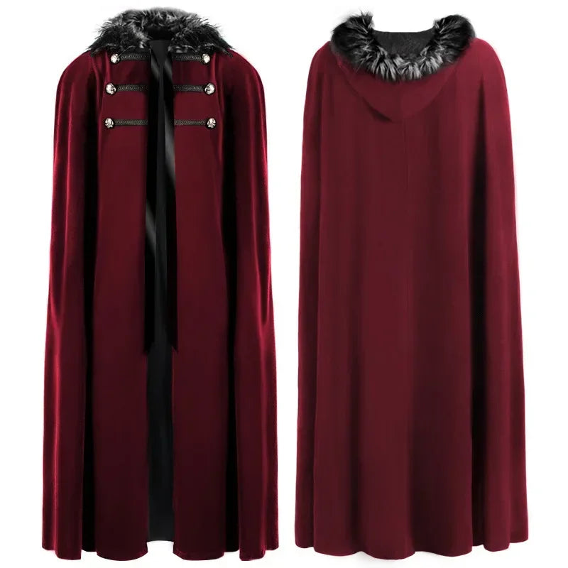Men Punk Vintage Cape Casual Cloak Halloween Fur Collar Hooded Trench Medieval Costume Renaissance Party Autumn Winter Long Coat
