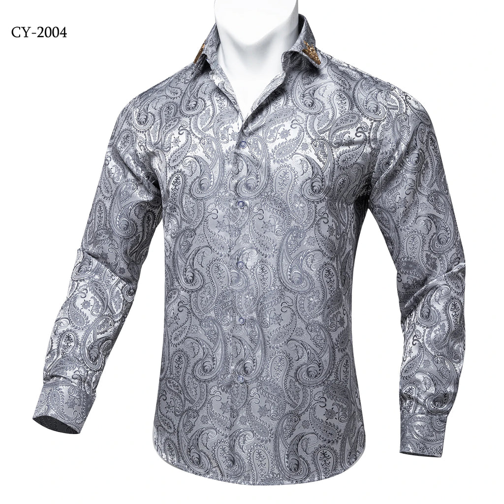 Brand New Men's Royal Blue Business Shirts Luxury Fashion Paisley Long Sleeve Turn-Down Collar Social Shirt Male Casual Blouse