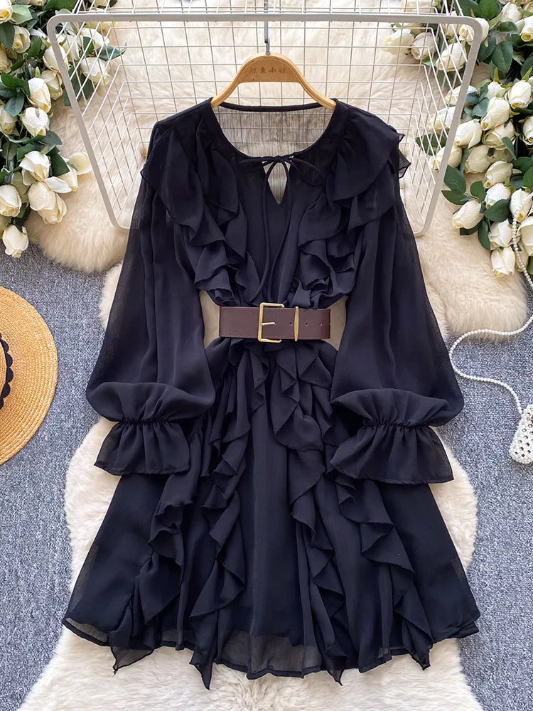 Women  Spring Dress French Elegance Chiffon Ruffle Long Sleeve High-Waist Belted Versatile Office Wear Mid Length Vestidos DS334