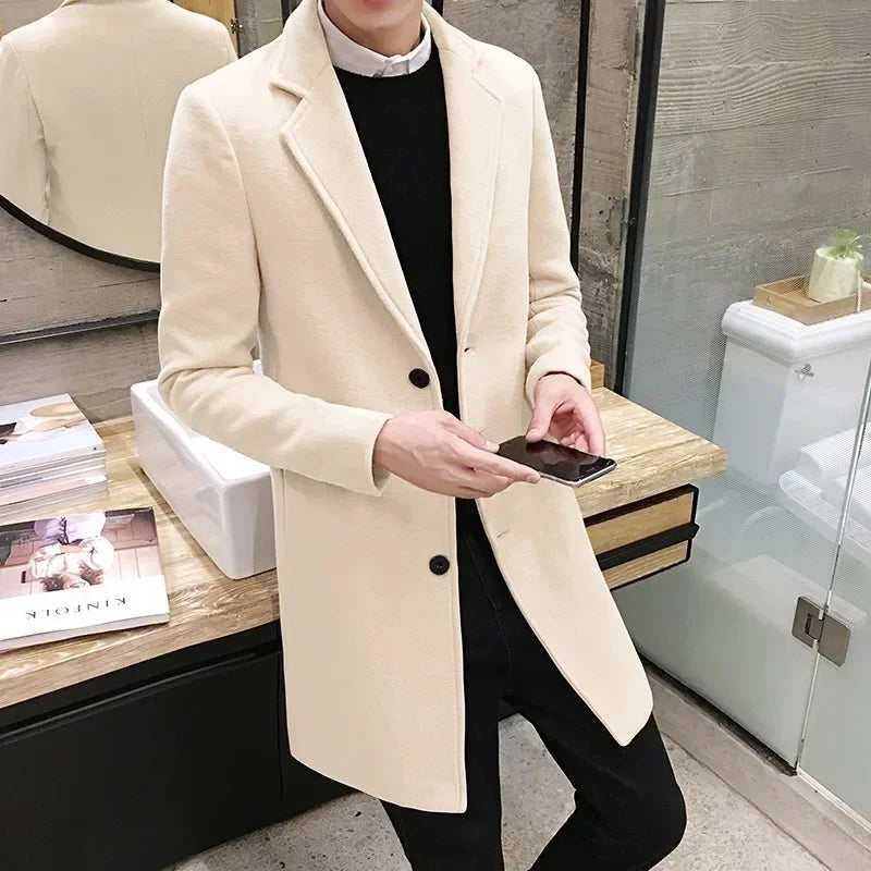 Men's Long Coat 2025 Autumn/Winter New Fashion Business Slim Fit Men's Long Coat High Quality Solid Color Casual Men's Clothing
