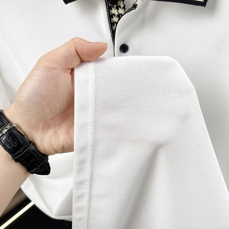 Men Contrast Collar Polo Shirt Short Sleeve Houndstooth Trim Casual Summer Top Breathable Pique Tee Regular Fit Fashion Shirt