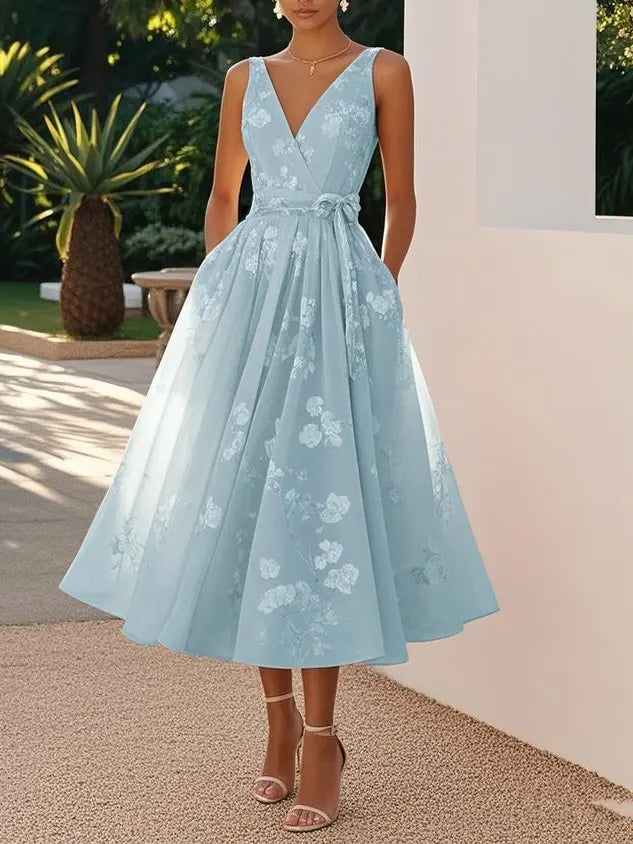 2026 Women's Dress Banquet Evening Dress Sleeveless Vest V-Neck Printed Dress
