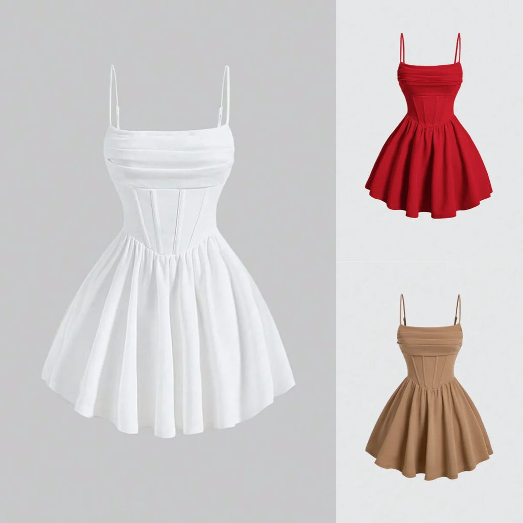 Women's Dresses 2025 Summer Elegant Solid Color Sleeveless Square Neck Mini Dress Zipper Sweet Dating Pleated Strap A-Line Dress