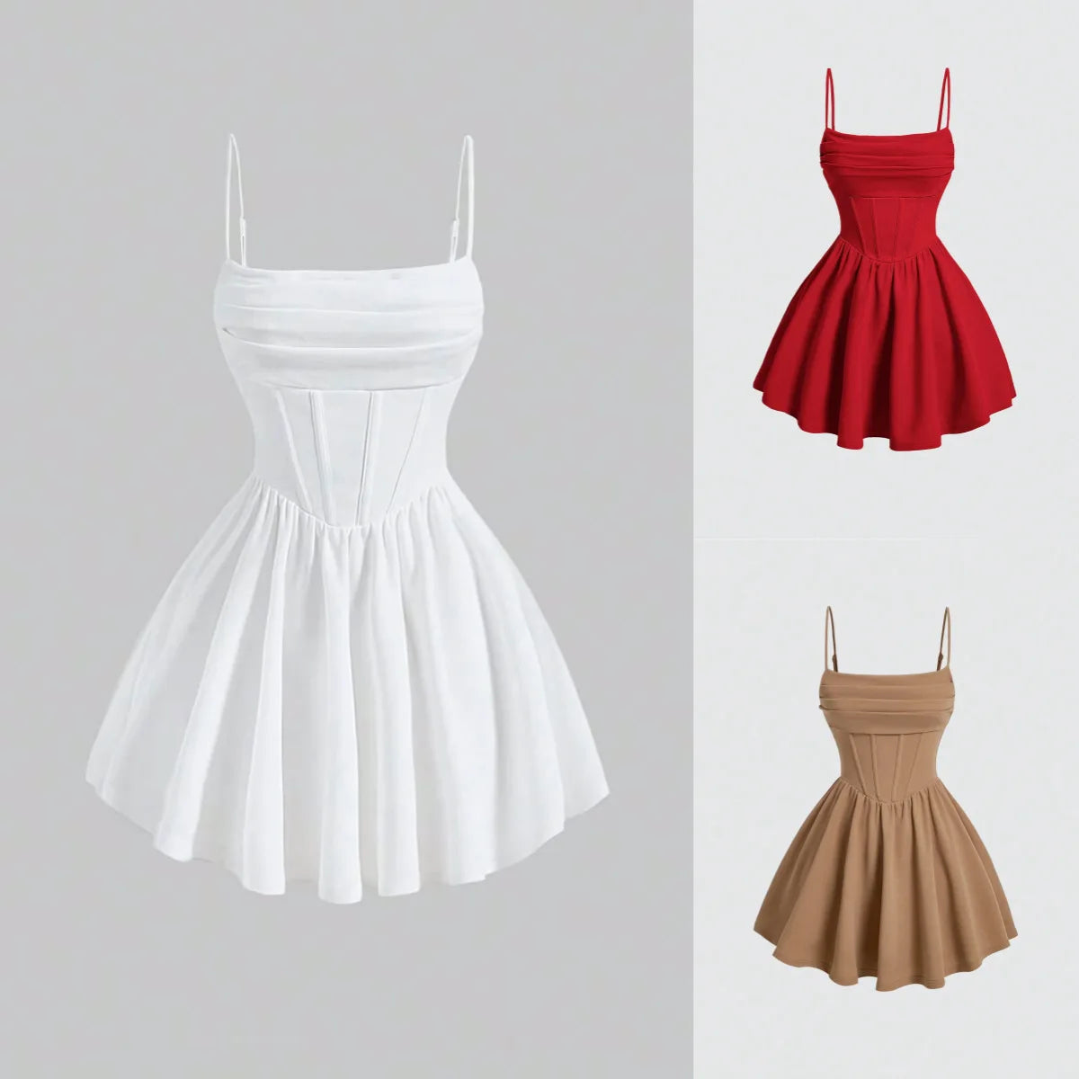 Women's Dresses 2025 Summer Elegant Solid Color Sleeveless Square Neck Mini Dress Zipper Sweet Dating Pleated Strap A-Line Dress