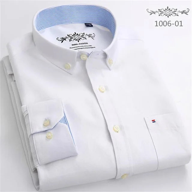Cotton Oxford Shirt For Men Long Sleeve Plaid Striped Casual Shirts Male Pocket Regular-Fit Button-Down Work Man Dress Shirt