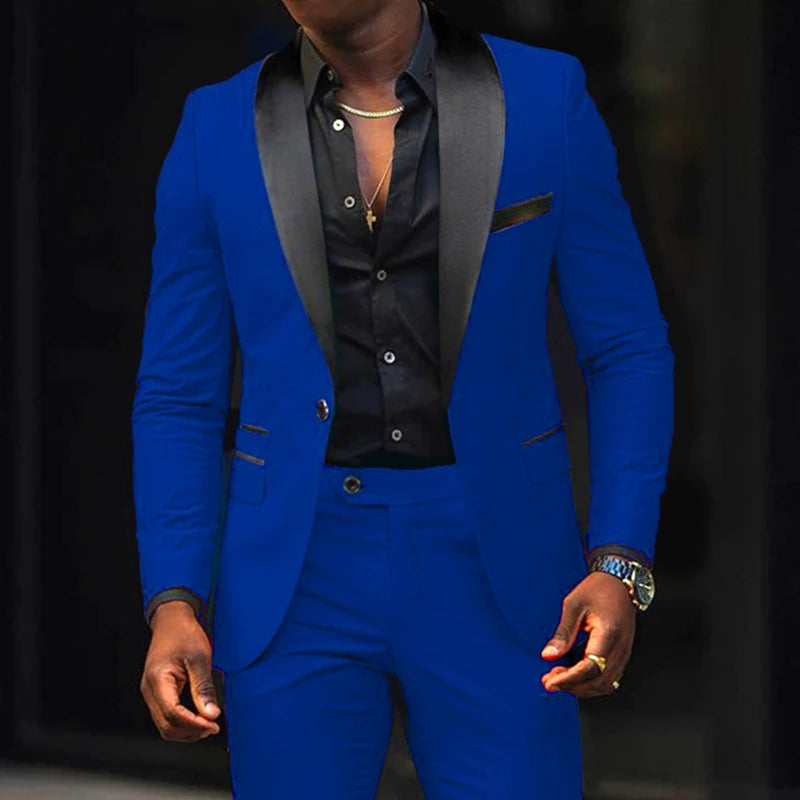 Fashion Men's Suits 2 Pieces Stretch Fabric Double Slit Solid Color Business Slim Dress Blazers Jacket Suit Coat Pants Trousers