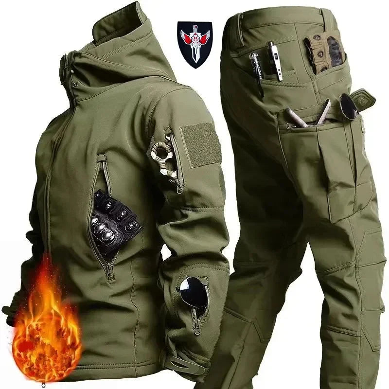 Tactical Winter Set Men's Outdoor Windproof Waterproof Suit Multi-Pocket Soft Shell Hooded Jackets Sharkskin Work Pants