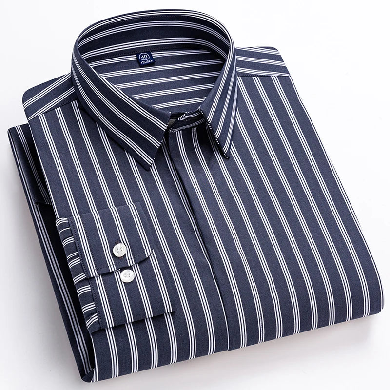 Quality Concealed Button Men Shirt Long Sleeves Dress Shirts For Men Slim Fit Camisa Social Business Blouse Stripe Shirt S-4XL