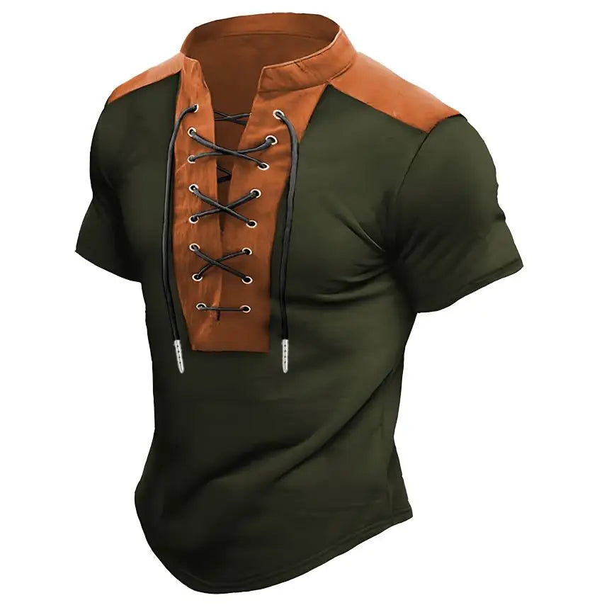 Men's V-neck Casual Beach Short Sleeved Color Matching Men's Top T-shirt Retro Streetwear