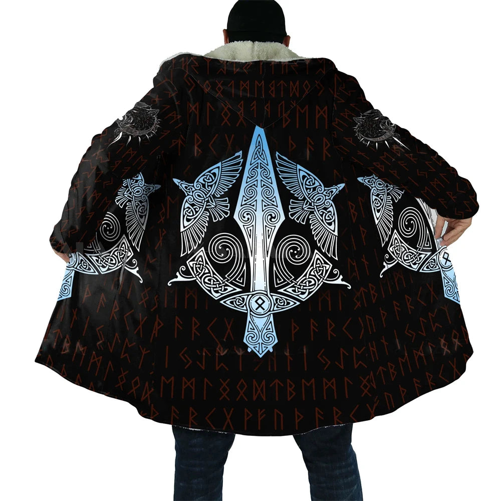 CLOOCL Thick Warm Hooded Cloak for Men Tattoo Symbol Pattern Armor Overcoat Coat 3D Print Windproof Fleece Cape Hooded Blanket