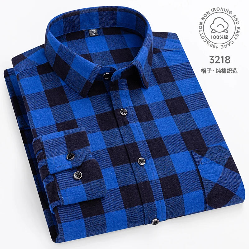 Cotton Plaid Casual Long Sleeve Shirts For Man M-11XL Plus Size Winter Warm Flannel Chic Clothes Business Smart Dress Shirts Top
