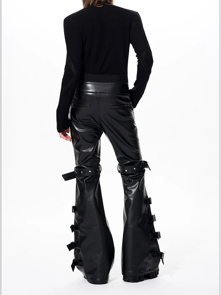Mauroicardi Spring Autumn Cool Handsome Long Black Pu Leather Flare Pants for Men Rivet Luxury Designer Alternative Emo Clothes