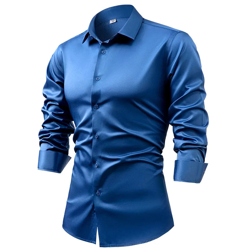 2025 Spring Autumn Royal Blue Silk Satin Long-sleeved Dress Shirts for Men, Navy Blue Business Casual Non-iron Wrinkle Camisas