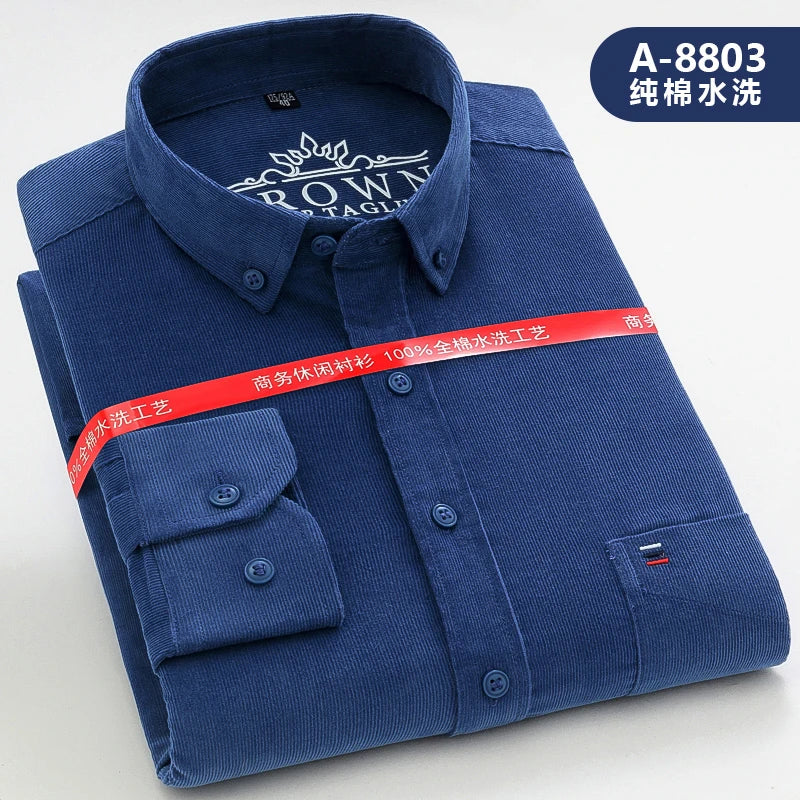 Cotton Corduroy Warm Shirts For Men New Autumn Winter Fashion Solid Color S-7XL Businessman Long Sleeve Smart Dress Casual Shirt
