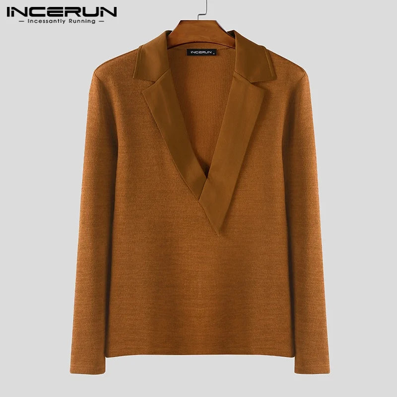 INCERUN Men Sweaters Patchwork Lapel Collar Long Sleeve Knitted Male Pullovers Streetwear 2025 Fashion Casual Men Clothing S-5XL