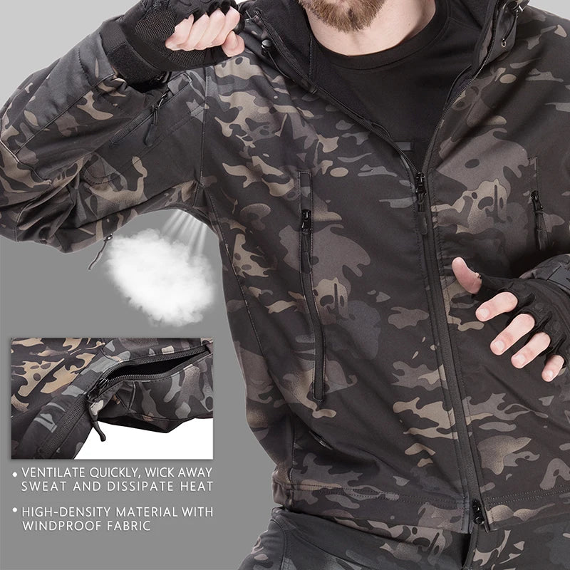 Tactical Winter Set Men's Outdoor Windproof Waterproof Suit Multi-Pocket Soft Shell Hooded Jackets Sharkskin Work Pants
