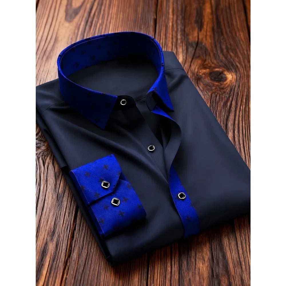 FGKKS Men Shirt Brand New High Street Patchwork Tuxedo Long Sleeve Four Season Elastic Man Business Dress Shirts Male