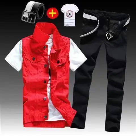Spring Autumn Mens Thin sleeveless Denim Coat Pencil Pants T-shirts 3pcs Set Jacket Trousers Casual for Male Slim Fit