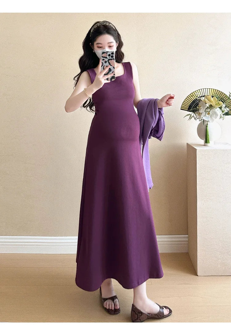 Maternity Clothes Spring Summer Elegant Purple Square Neck Sleeveless Dress And Long Sleeve Knit Cardigan For Pregnant Women