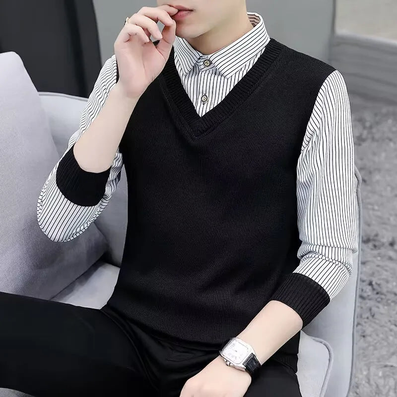 Fashionable Knitted Slim Fit Long Sleeve Shirt Collar Sweater for Men Autumn Outerwear Casual Style Polyester Fiber Youth Fas...