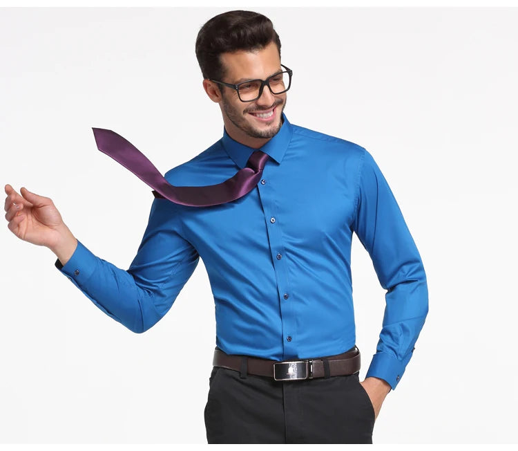 Men's Business Dress Shirts Bamboo Fiber Blend Long Sleeve Solid Color Work Shirt with Lapel Collar Regular Fit for All Seasons