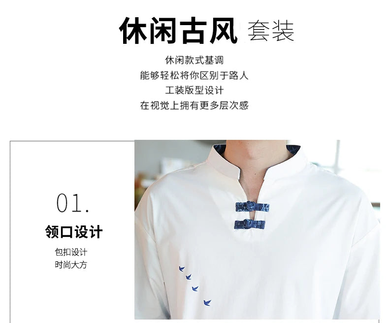 Shirts + Pants summer Cotton linen shorts sleeve shirts Men's Casual Sets Male Fashion trousers and shirts men size M-4XL TZ020